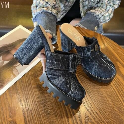 2021 Summer Women Sandals Baotou Denim Slides Shoes Square Heels Bottom Outdoor Beach Casual Platform Non-slip Footwear Sexy