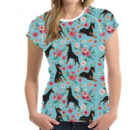HYCOOL Ladies Summer Tees Tops Lovely Dog Doberman Flower Print Woman Round Neck Short Sleeve T-Shirt Girl Fashion Clothing 2020