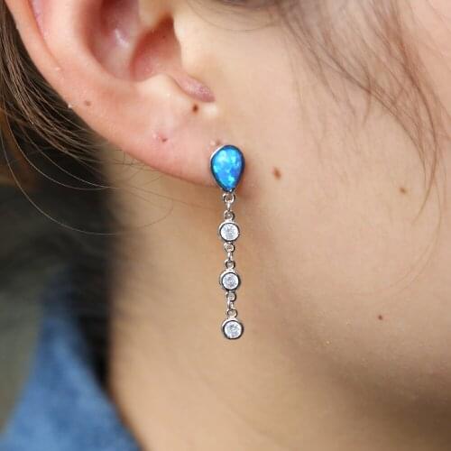 Wedding engagement design elegant blue fire opal cz sparking bling long chain tassel women ladies jewelry earring