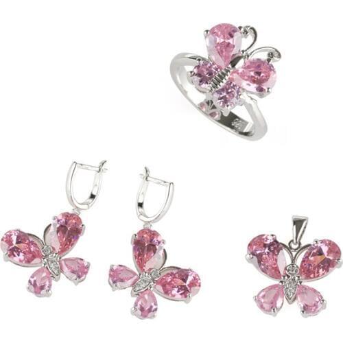 SHUNXUNZE Pink Cubic Zirconia Wedding jewelry sets for Noble Generous women luxury (ring/earring/pendant) Rhodium Plated R519set