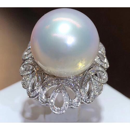 D112 Fine Jewelry 18K White Gold Natural Australia Origin 13-14mm White Peals Diamonds Rings for Women Fine Pearls Rings
