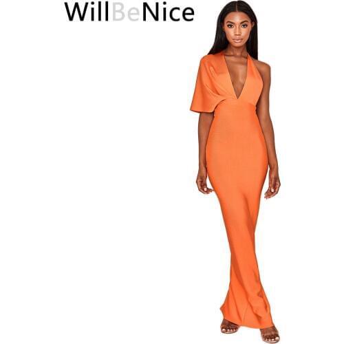 WillBeNice 2019New Asymmetric Womens Deep V Neck Orange Half Sleeve Ankle Length Bandage Dresses Women Elegant Backless Dress