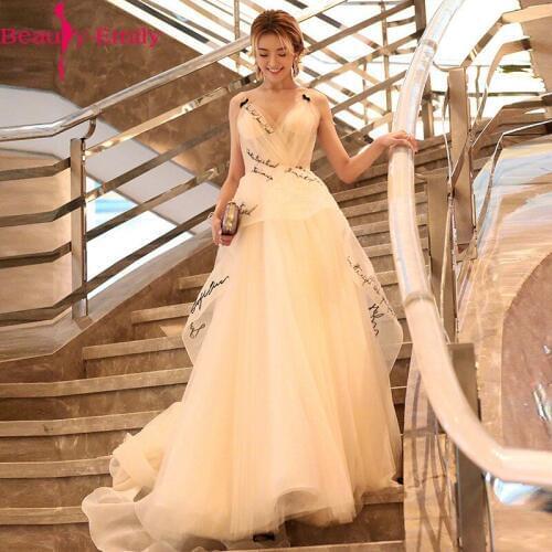 Beauty Emily Sexy V Neck Letter Printed Evening Dress Long Charming Spaghetti Strap Lace Up Back Evening Gowns for Women