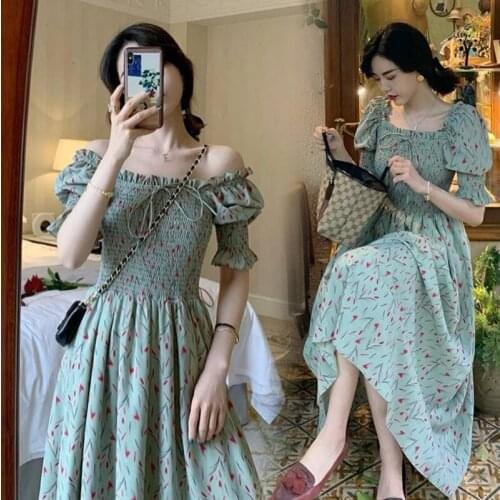 Bella 2021 New Summer Elastic Waist woman dress Vintage French Square Collar Dress Slim Aline Floral Print Chiffon Long Vestidos