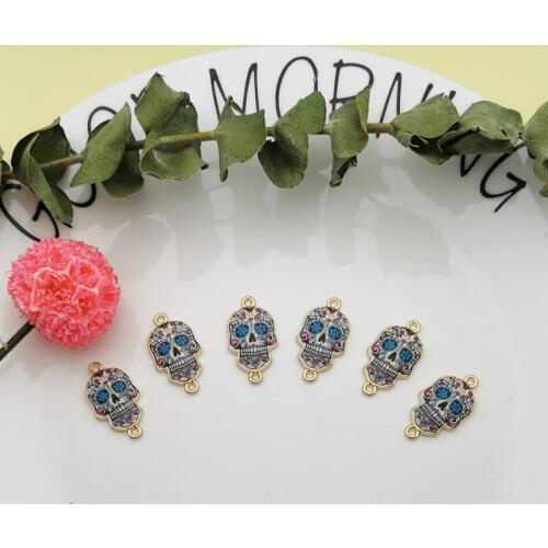 10PCS Enamel Skull Connectors Charms Halloween Gold Color Alloy Skull Ghose Floating DIY Jewelry Pendant Festival Gifts YZ812