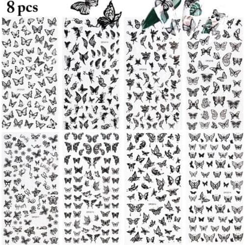 8 Sheet Kapmore Black Butterfly Nail Sticker DIY Letter Nail Decals Flower Nail Art Sticker Women Manicure Nail Art Decorations