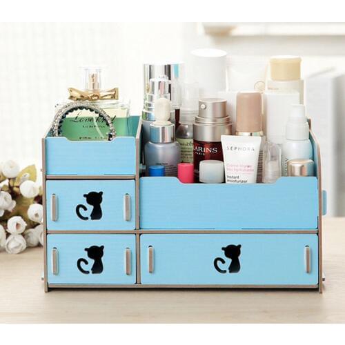 DIY Desktop Storage Cute Cat Display Boxes Makeup Organizer for Any Decor Blue