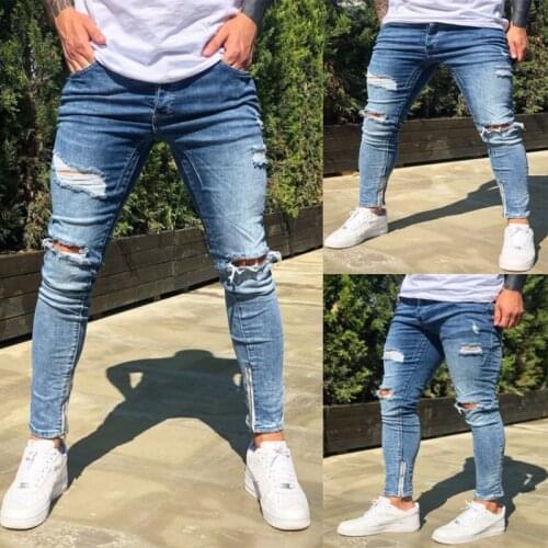 Skinny Ripped Jeans Men Trousers zipper Opening Design Slim Locomotive Hip-Hop Jeans New Hole Cowboy Trousers Denim Clothing man