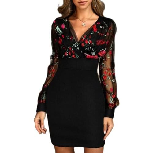 Elegant Women Dresses Fashion Floral Embroidery Mesh V Neck Long Sleeve Bodycon Dress Women Wedding Banquet Party 2021 Vestidos