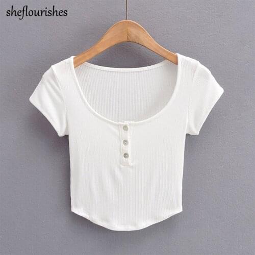 Summer basic t shirt women vintage shirts casual knitted cropped top solid short sleeve tees slim u neck top fashion tshirt 2021