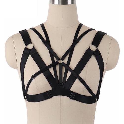 Goth Body Harness Bra Sexy Crop Top Bondage Lingerie Elastic Cage Bra Gothic Fetish Wear Harness 90s Cosplay Cupless Bra O0260