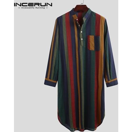INCERUN Vintage Striped Sleep Robes Men Fashion Long Sleeve Sleepwear Stand Collar Buttons Nightgown Man Loose Cotton Bathrobes