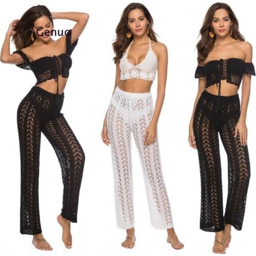 Cotton Crochet Beach Cover Up Swimsuit Cover Ups Women Beach Pants Fishnet Swimsut Covers Hollow Out Beachwear Knit Bathing Suit