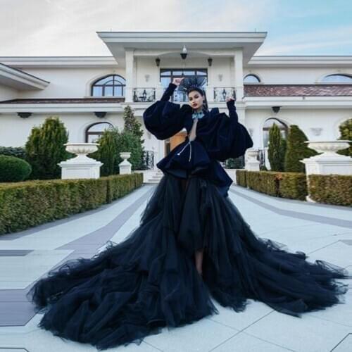 Royal Modern Prom Dresses vestidos Tutu Skirt 2 Pieces Black Dubai Evening Dress Satin Blouse Party Gowns Flare Sleeves