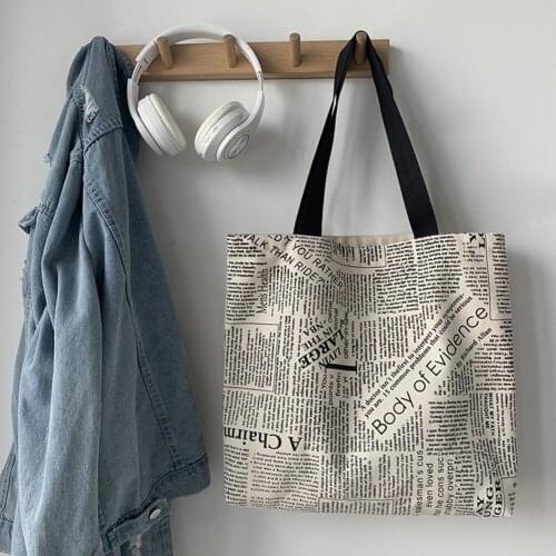 Fashion Women Canvas Newspaper Printing Shoulder Shopping Bag Casual Ladies Large Capacity Tote Handbag Bolsas Femininas Baratas