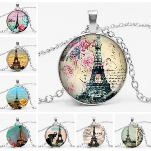 Fashion Vintage Paris Eiffel Tower Glass Gems Necklace Convex Pendant Flowers Music Mens and Womens Jewelry