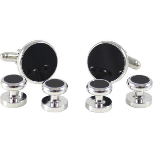Mens Rhodium Plated Round Genuine Onyx Cuff Link And Shirt Studs Formal Wear Sets Wedding Black Stone Cuff Links And Studs Set