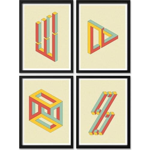Un ensemble de 4 art mural illusion, 4 motifs d'affiches géométriques impossibles et un pack d'affiches pliantes de formes impos