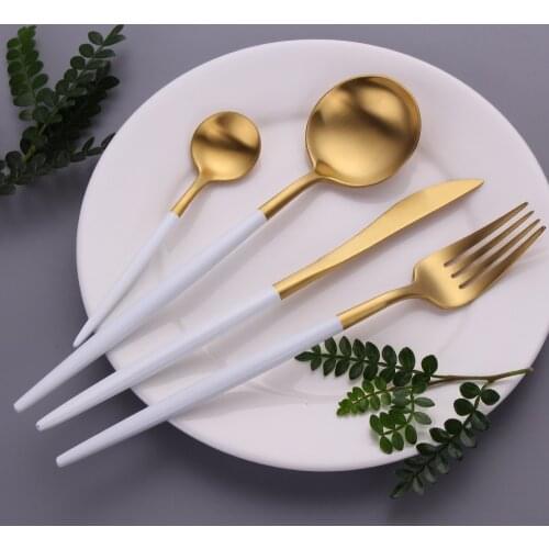 Matte Tableware White Gold Stainless Steel Cutlery Set Dessert Fork Spoons Butter Knife Thicken Dinnerware Flatware Dropshipping