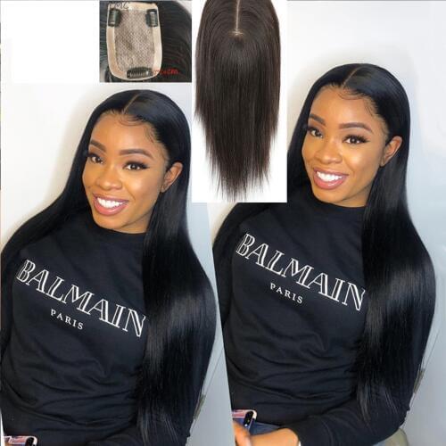 BYMC Natural Color Human Hair Topper Wig For Women Straight Intermediate Silk Base With Clips &PU In Hair Toupee Remy Hair piece
