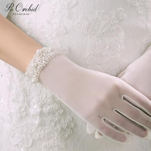 PEORCHID Elegant Ivory Hand Gloves Bride Gants Mariage Summer Short Illusion Pearls Wedding Gloves For Women Bridal Accessories