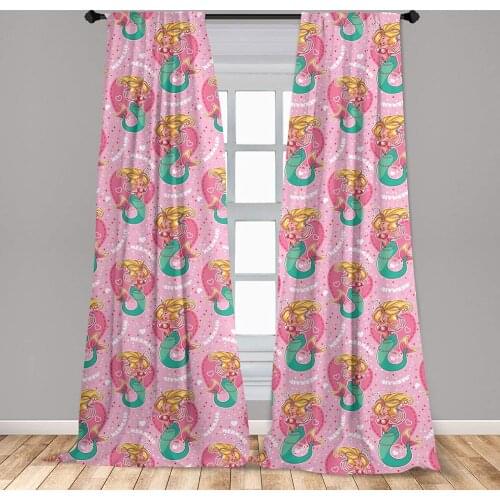 Mermaid Curtain Pink Hearts and Mermaid Mythological Tale Underwater Life Window Curtain Living Room Bedroom