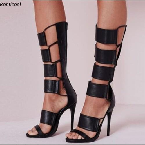 Ronticool Handmade Women Gladiator Sandals Side Zipper Sexy Stiletto High Heels Open toe Black Casual Shoes US Size 5-13