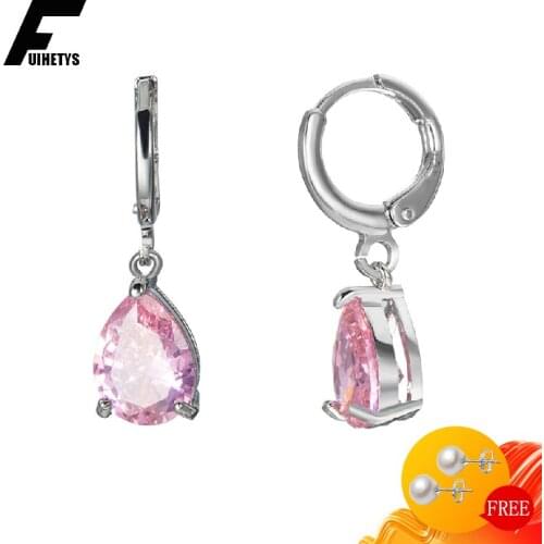 BaliJelry Silver 925 Earrings Jewelry Water Drop Shaped Pink Zircon Gemstone Earring for Women Wedding Engagement Accessories