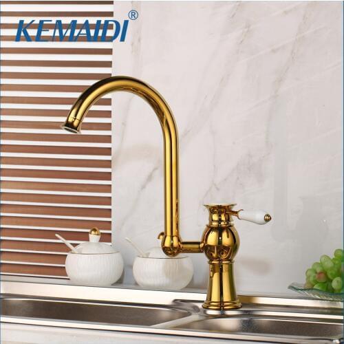 KEMAIDI Kitchen Sink Faucets Gold Finished Single Handle Kitchen Basin Faucets Deck Mounted Hot&Cold Water Mix Tap