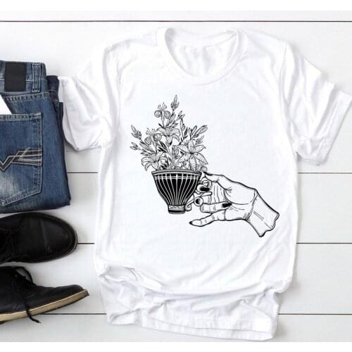 Women Wave Floral Coffee Style Trend Cute Fashion Cartoon Summer Lady Print Tee Graphic T Top Female Tshirts Clothes T-Shirt