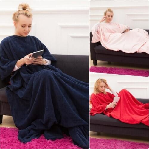 Winter Hooded Pocket Blankets Warm Soft Hoodie Slant Robe Bathrobe Pullover TV Flannel Fleece Blanket Sweatshirt With Sleeves