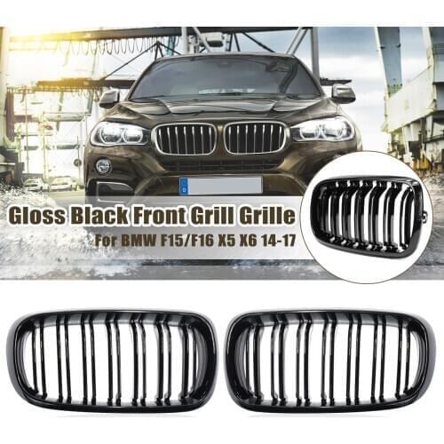 2Pcs Gloss/ Black Car 2 Slat Line Kidney Grille for BMW F15 F16 X5 X6 2014 2015 2016 2017 Car Styling Front Bumper Racing Grille