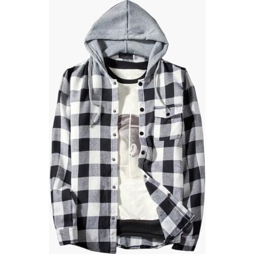 Black Shirt 2019 Clothes Cotton Slim Fit Men Autumn Casual Plaid Shirt Long Sleeve Pullover Top Blouse Hooded Beach Camicia Uomo