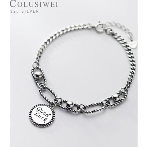 COLUSIWEI Vintage Engrave Good Luck Letter Link Chain Bracelet for Women Men Genuine 925 Sterling Silver Unisex Fine Jewelry
