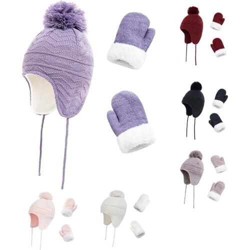 Kids Winter Ear Muff Beanie Pompom Knitted Hat Thick Glove Mitten Warmer Set Unisex Beanies Hat Scarf Gloves Set