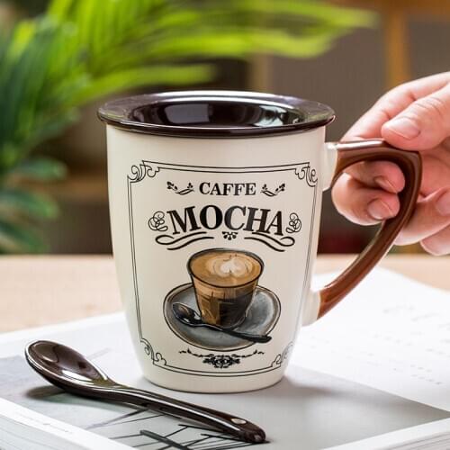 European style small luxury coffee cup creative ceramic water cup simple literary household cup Italian mug with lid spoon