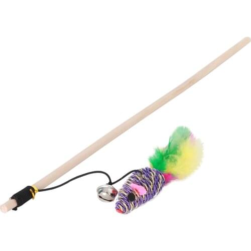 Cat Toy Cat Mouse Wand Wooden Pole Toys for Cats Fake Feather Kitten Teaser Toy Pet Wand Toy with Bell Pet Supplies