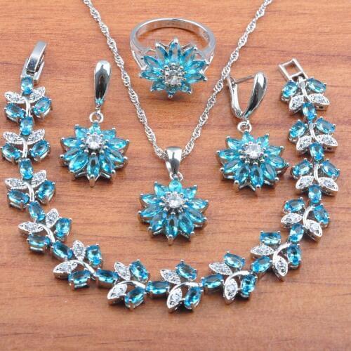 Sky Blue Cubic Zirconia Jewelry Sets For Women Earrings Necklaces Pendant Rings Bracelets Russian Style JS0433