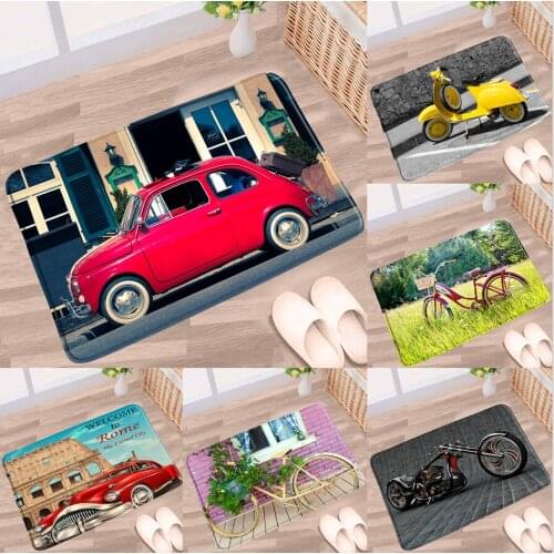 Retro Cars Bathroom Mat Bicycle Motorcycle Vintage Nostalgic Red Classic Car Anti-Slip Rug Bedroom Kitchen Entrance Aisle Carpet