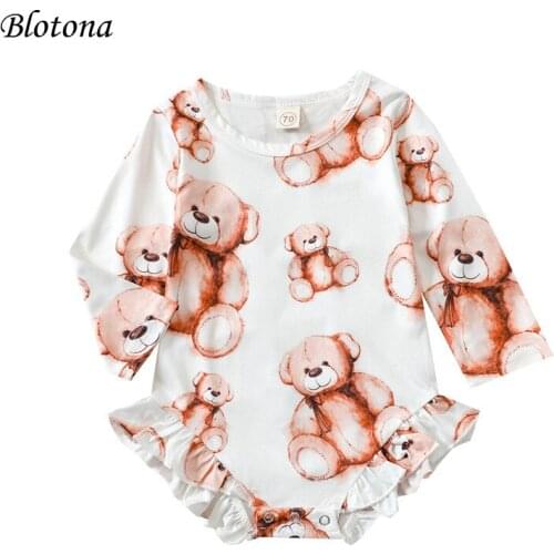 Blotona Infant Baby Cute Summer Romper, Cartoon Bear Print Long Sleeve Crew Neck Ruffle Bodysuits, 0-24Months