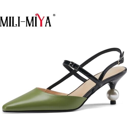 MILI-MIYA Fashion Women Genuine Leather Pumps Pointed Toe Buckle Strap Pearl Heels Sling Back Dress Party Shoes Size 34-39