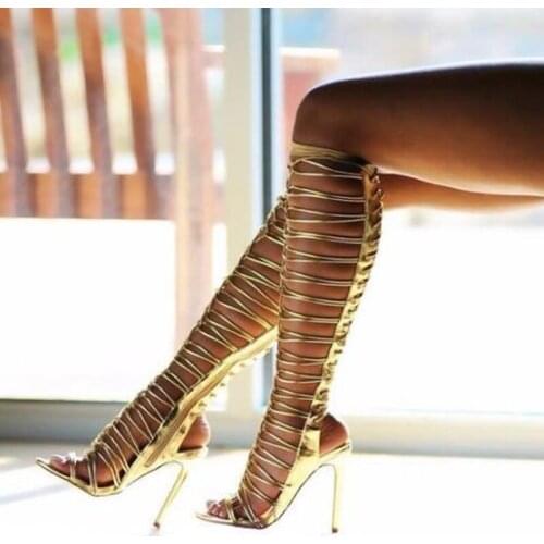 Fashion Gold Leather Strappy Gladiator Sandals Boot High Heels Lace-up Cross Strap Knee High Boots Plus Size 43 Customized