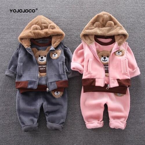 Baby boy clothes cotton warm suit cartoon dinosaur plus velvet thick hooded sweater baby casual sports sweater vest three-piece