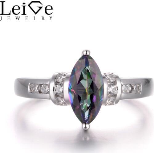 LeiGe Jewelry Real Mystic Topaz Rings Rainbow Topaz Rings Anniversary Rings Marquise Cut Rainbow Gemstone 925 Sterling Silver
