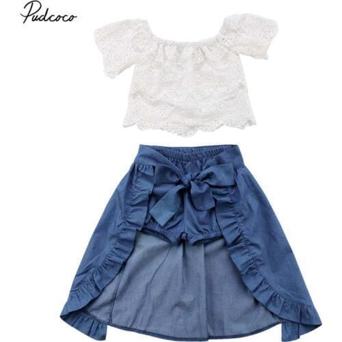 Pudcoco 2018 Toddler Kid Girl Clothes Set Floral Lace Off-shoulder T-shirt Top+Pants Princess Dress Party Summer Outfits 1-6Y