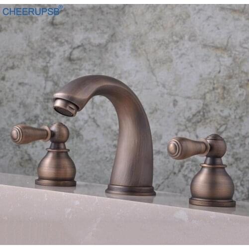 Retro Bathroom Faucet White Gold Widespread Tap Hot Cold Water Mixer Faucets Dual Handle Shower Bathtub Grifos with Hand Sprayer