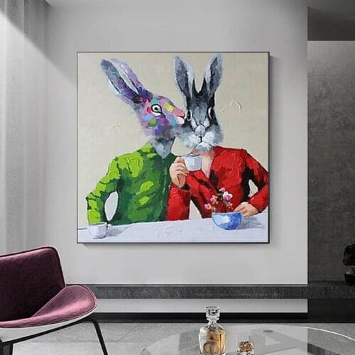 Funny Rabbit Drink Coffee Painting On Canvas Abstract Animal Oil Painting Green And Red Rabbit Cartoon Painting Wall Art Decor