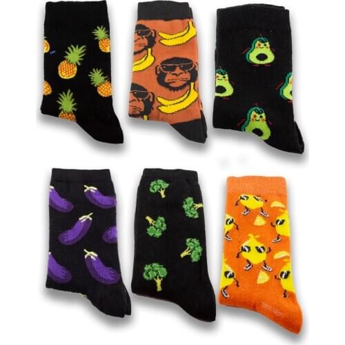 Unisex Graphic Socks Eggplant Lemon Patterned Wooden Box 6 Pieces Cotton Men Women Socks Set For Gift Colourful New Fashion