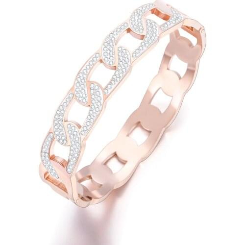 Hiphop Rock Titanium Stainless Steel Big Wide Bangles For Women Men Fake Link Chain with Rhinestone Bangle Bracelet Jewelry Gift