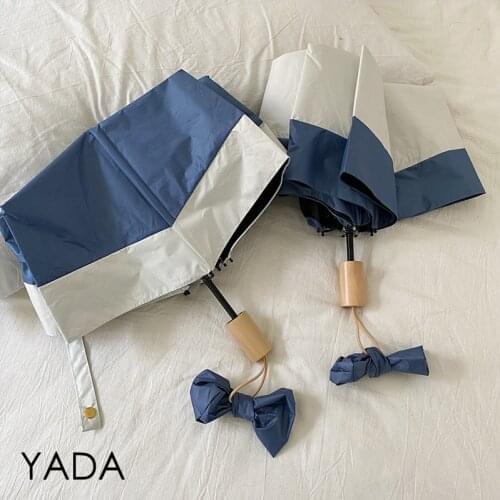 YADA Simple Color Bow Wooden Handle Umbrellas Rain UV 3 Folding Umbrella For Women Windproof Designer Umbrellas Female YS200248